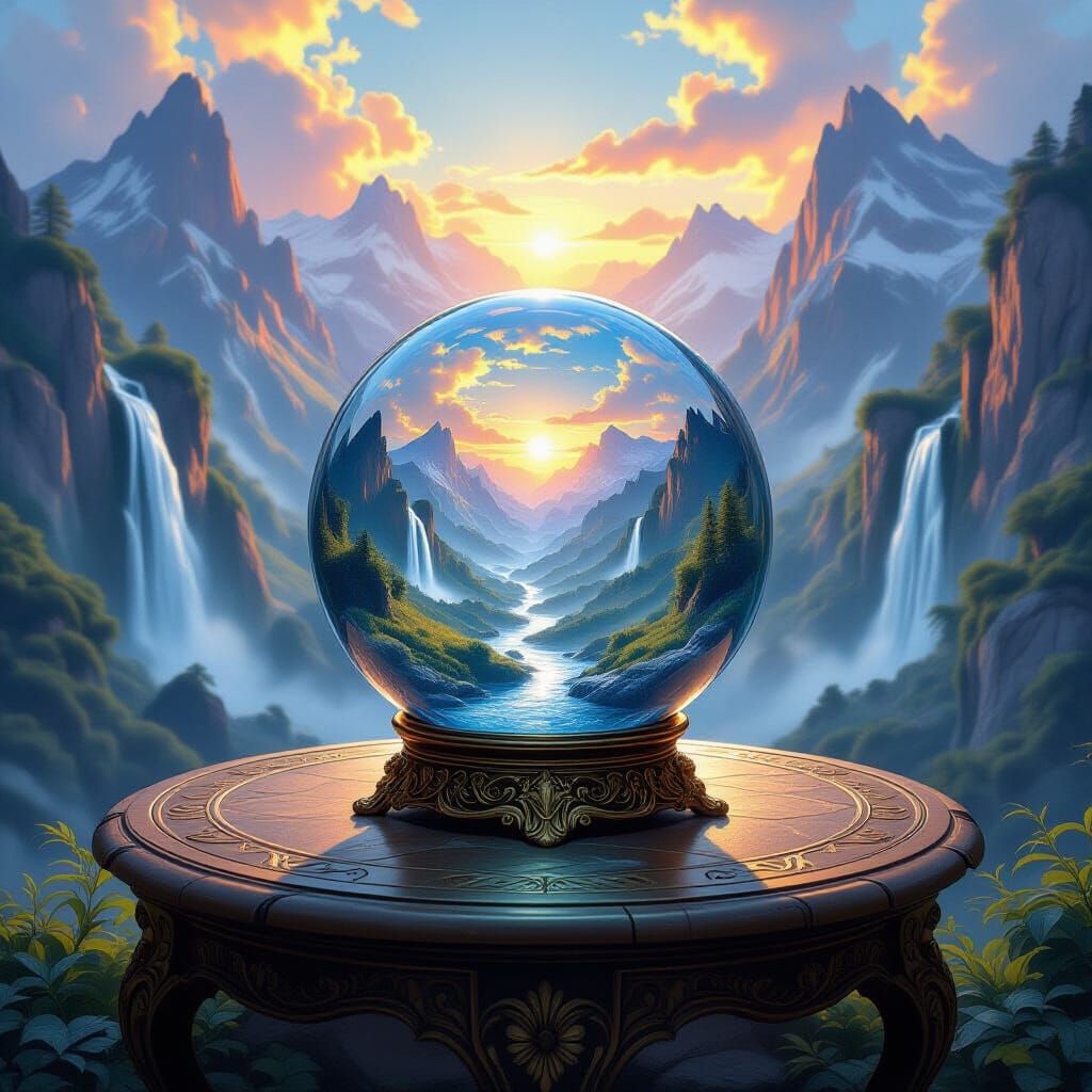 A crystal ball inside overlooks a wild mountain landscape with beautiful streams and waterfalls in a warm and vibrant environment. The ball ...