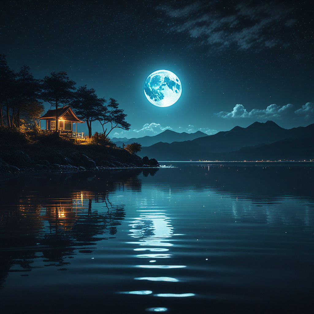 Ethereal Nighttime Scene with Glowing Full Moon