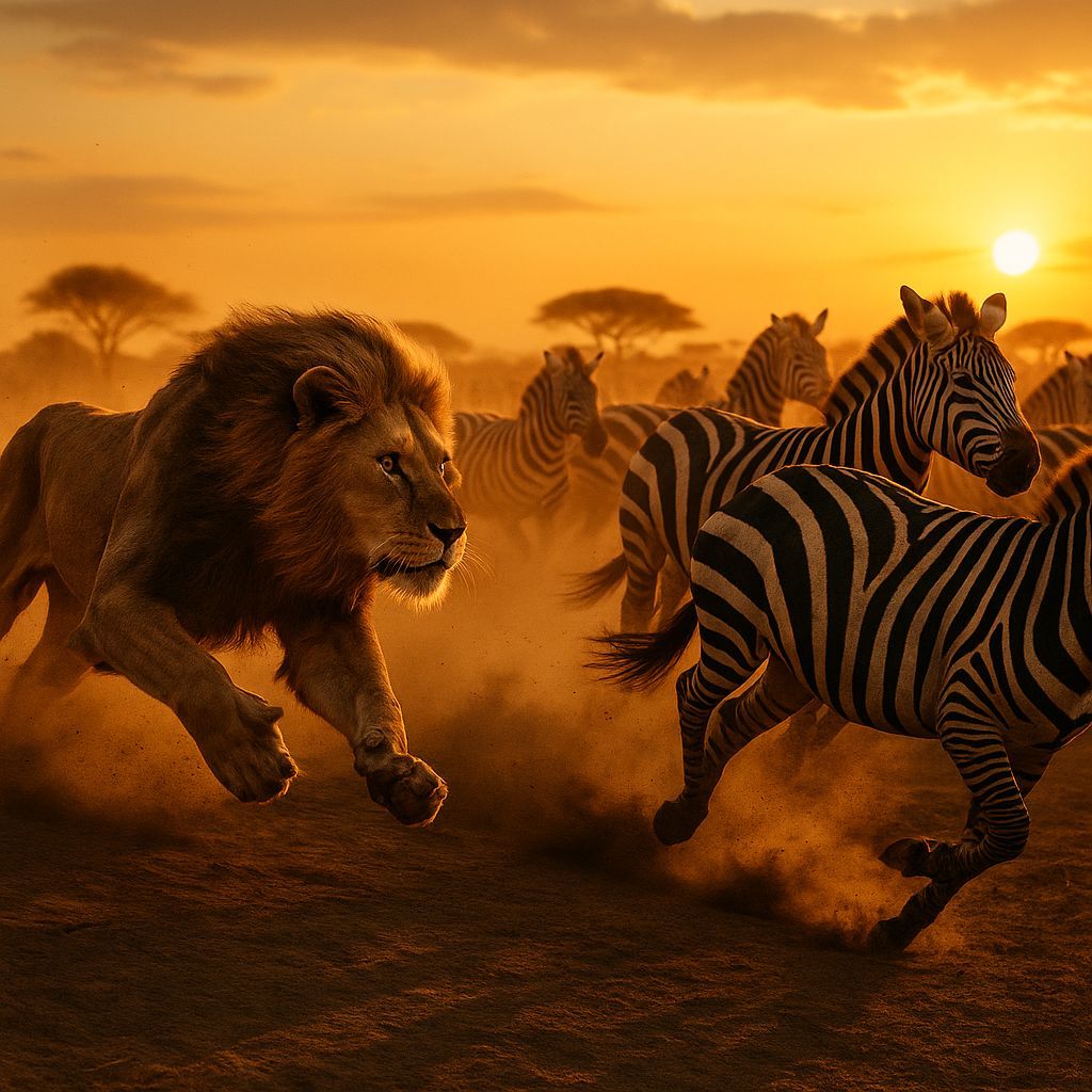 A dramatic scene of a lion hunting a herd of zebras on the African savanna, dust rising as the chase unfolds, golden sun...