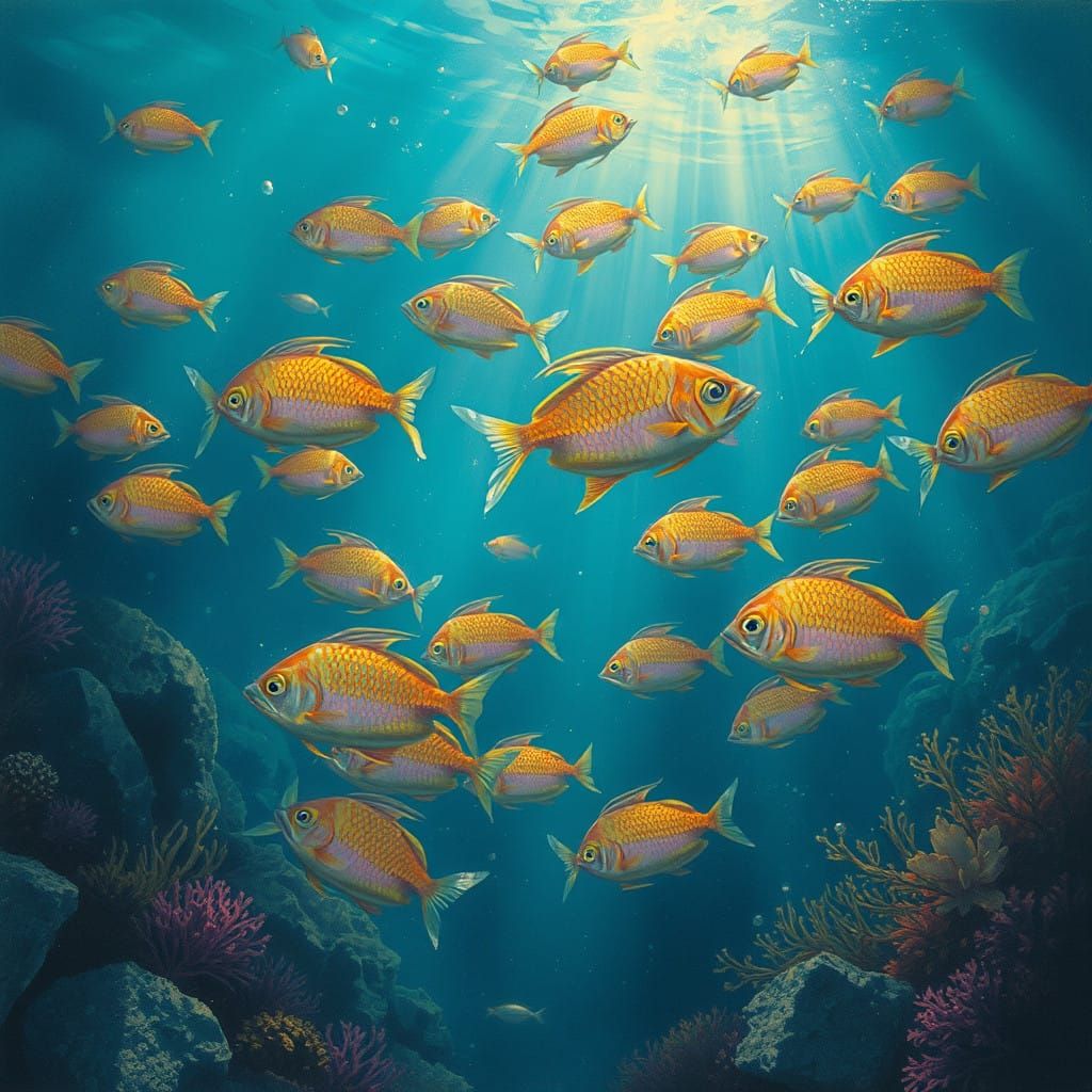 Whimsical Oceanic Dreamscape with Iridescent Fish and Coral