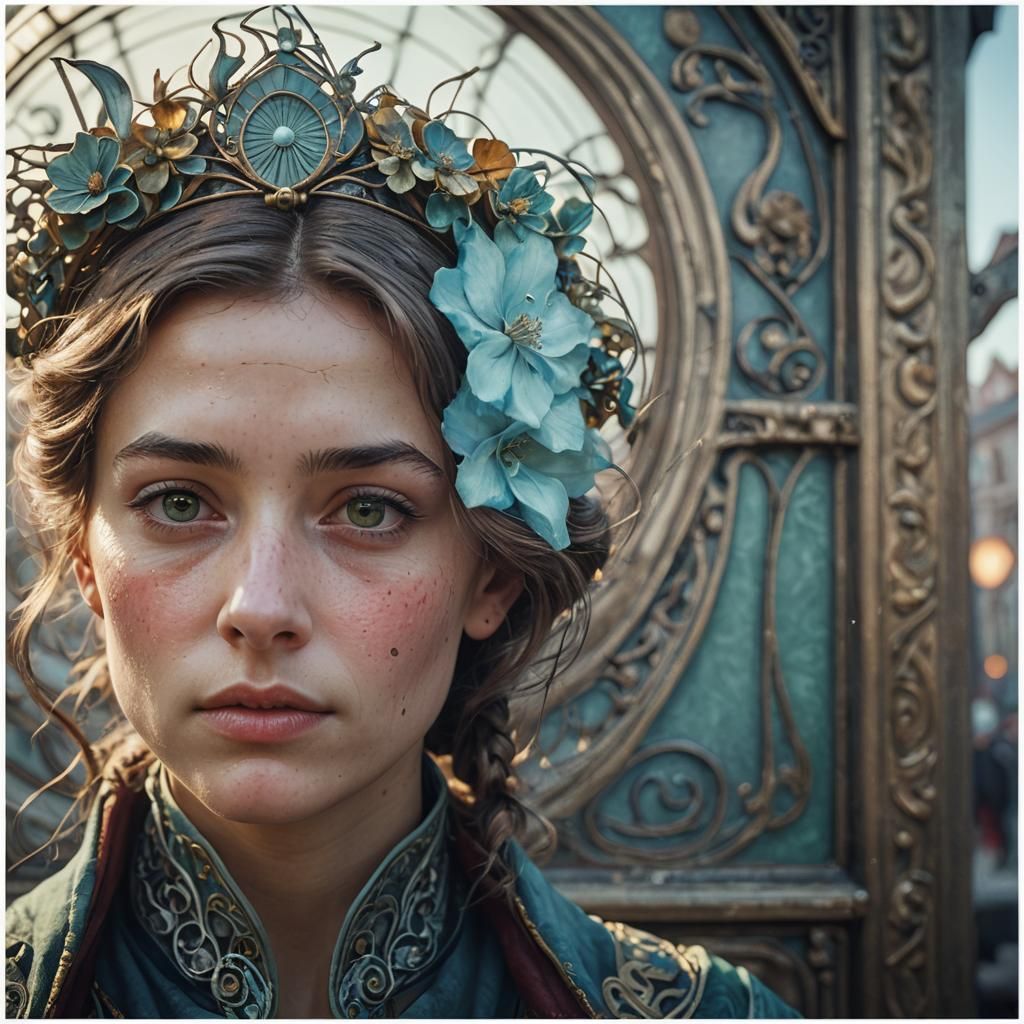 art nouveau female Close up portrait, ambient light, Nikon 1...
