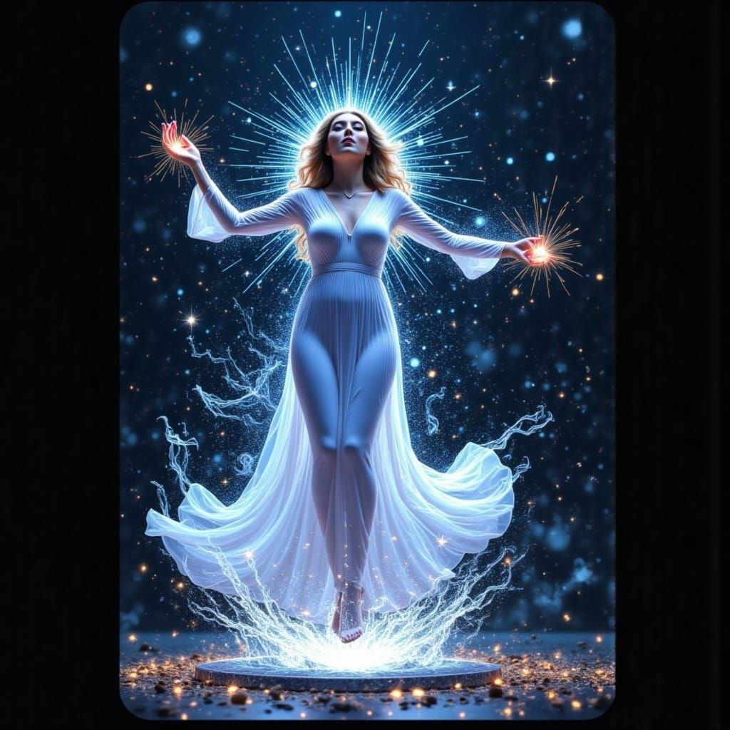 Turn the figure into a twirling motion 180 degrees with white light fireworks exploding around her <lora:Tarot Style:1.0...