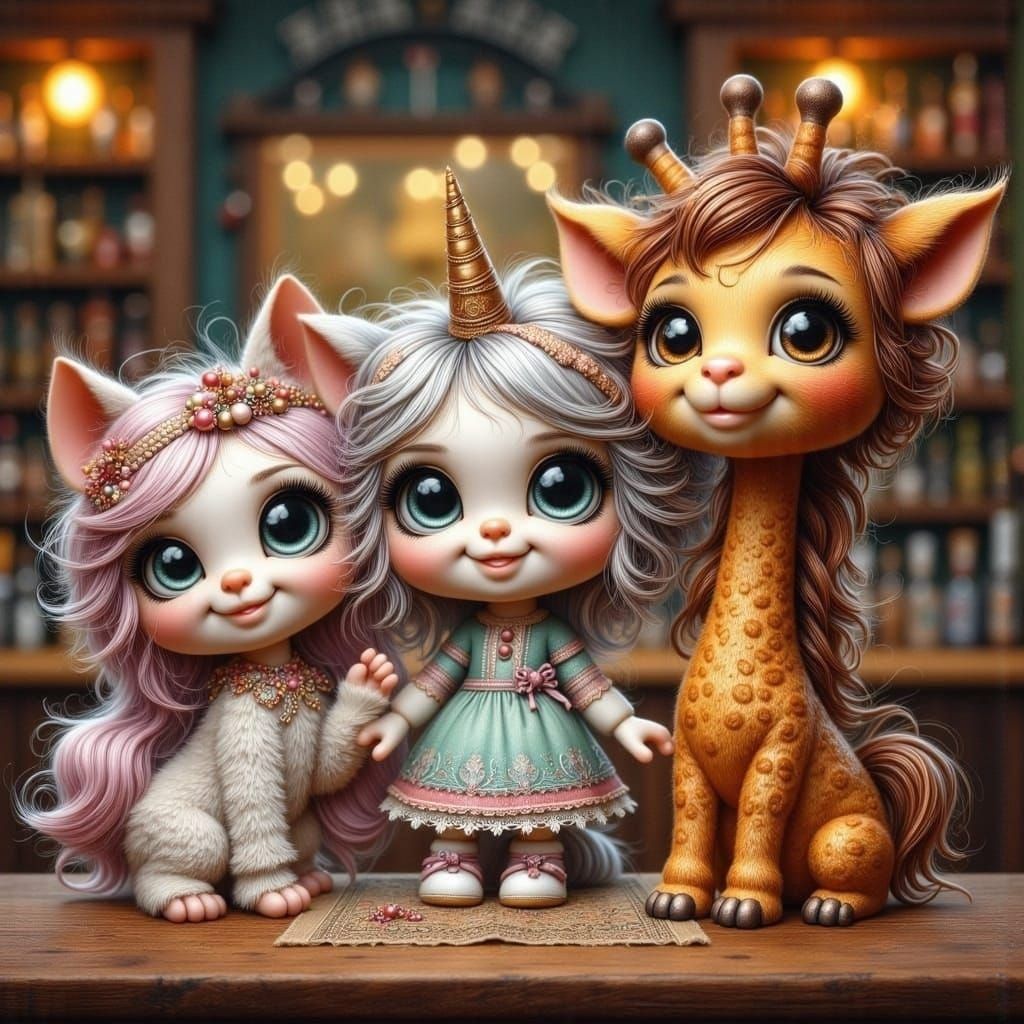 A cat, a unicorn and a giraffe walk in to a bar...<lora:Whimsical Cuties:1.0> 