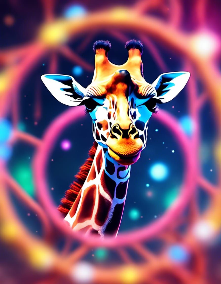 A super adorable realistic giraffe  floating in a orb in a  ...