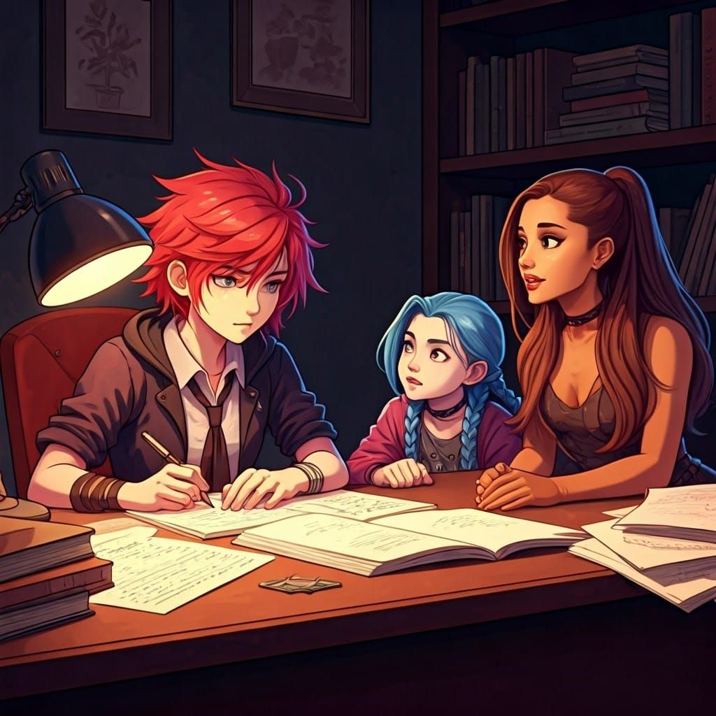 Anime-Inspired Scene of Sisters Studying and Ariana Grande O...