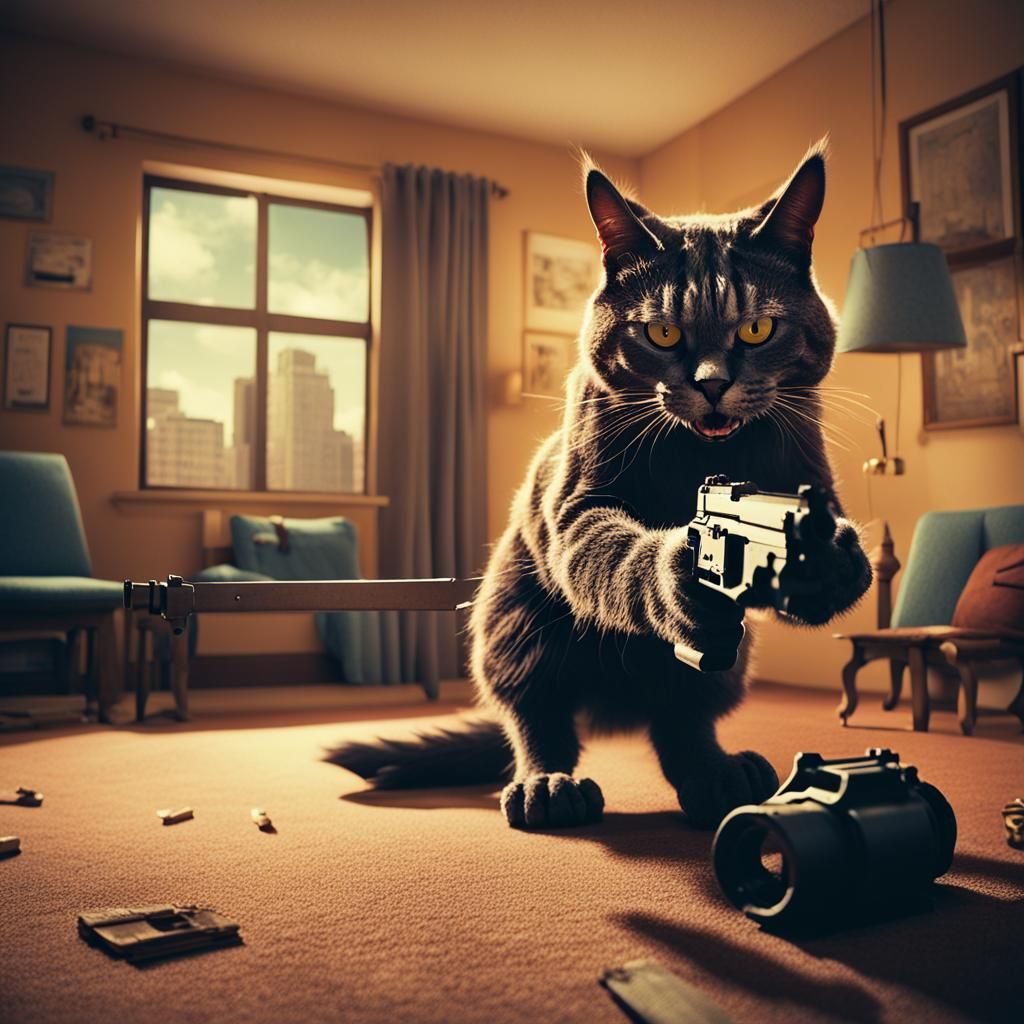 bad psycho gang cat threatening with a gun in an apartment