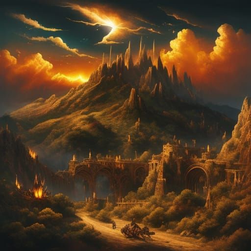 Gothic Witch Soars Over Jagged Peaks in Fiery Sunset