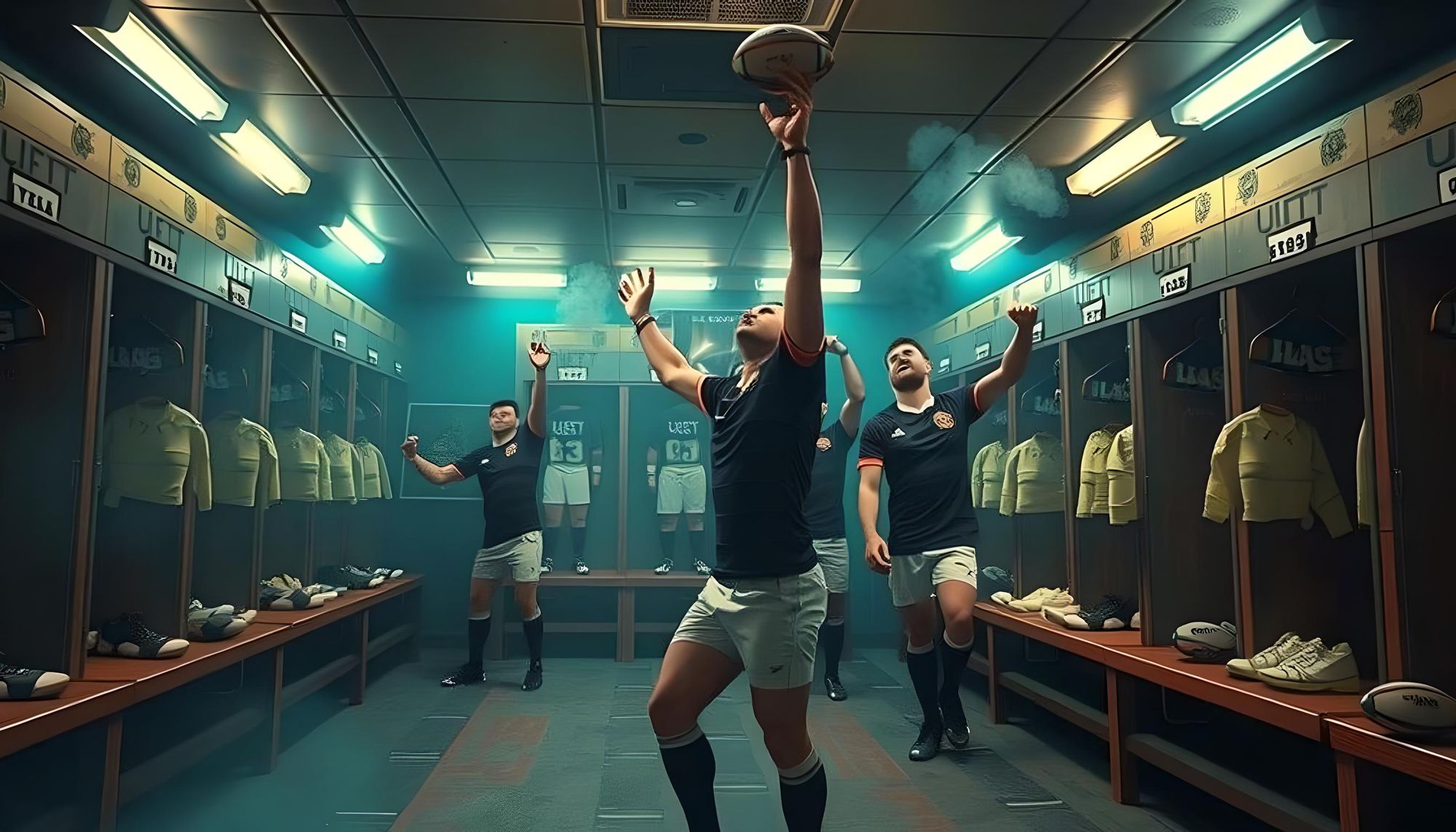 hyper realistic, rugby team happy, locker room
