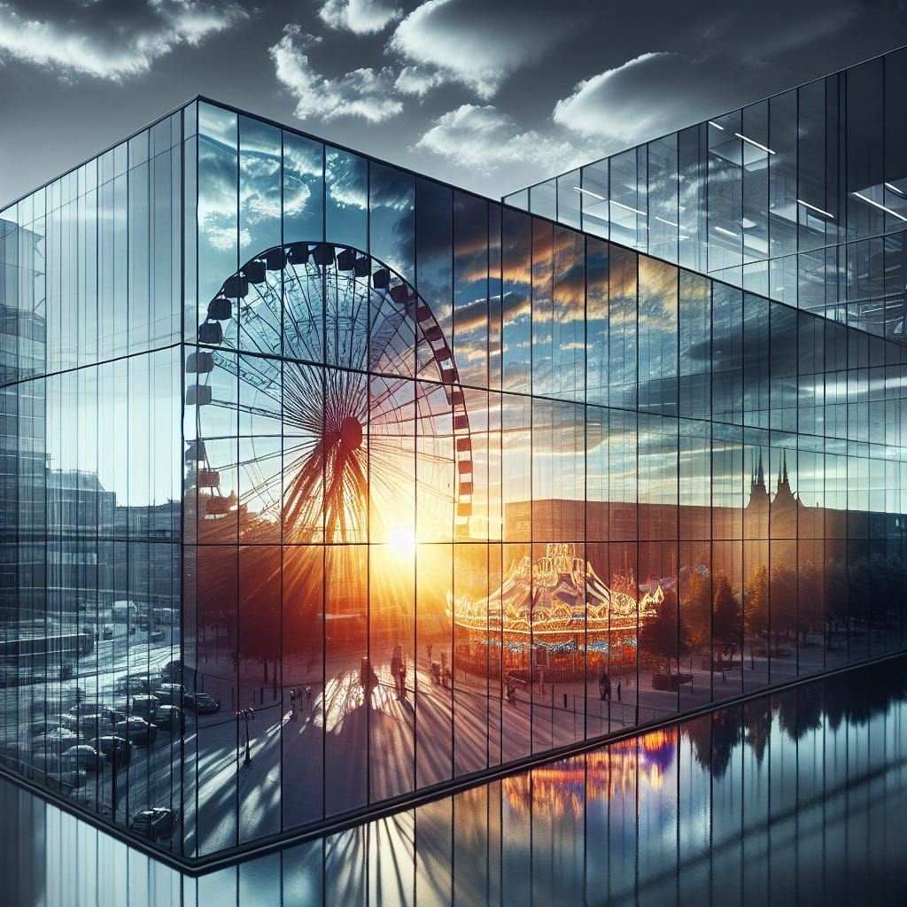 Reflektion eines Vergnügunsparks an einem Glasgebäude  by @EHACKMANN 
