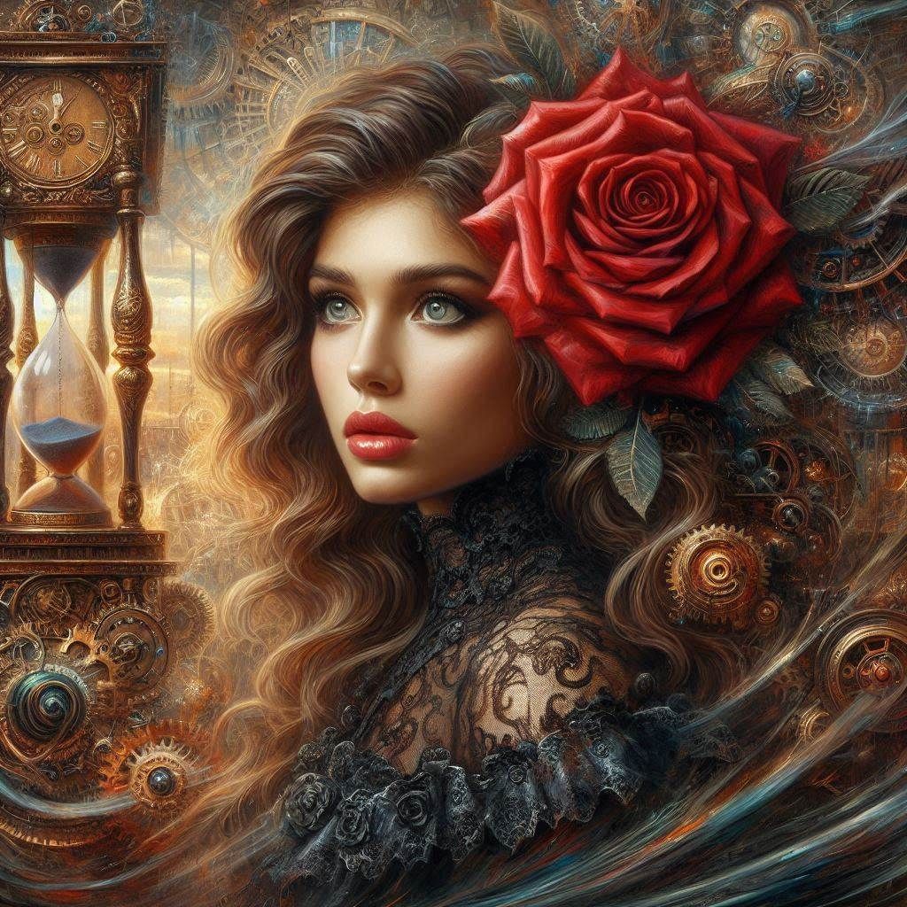 Rose adorned Lady with time travel ambience