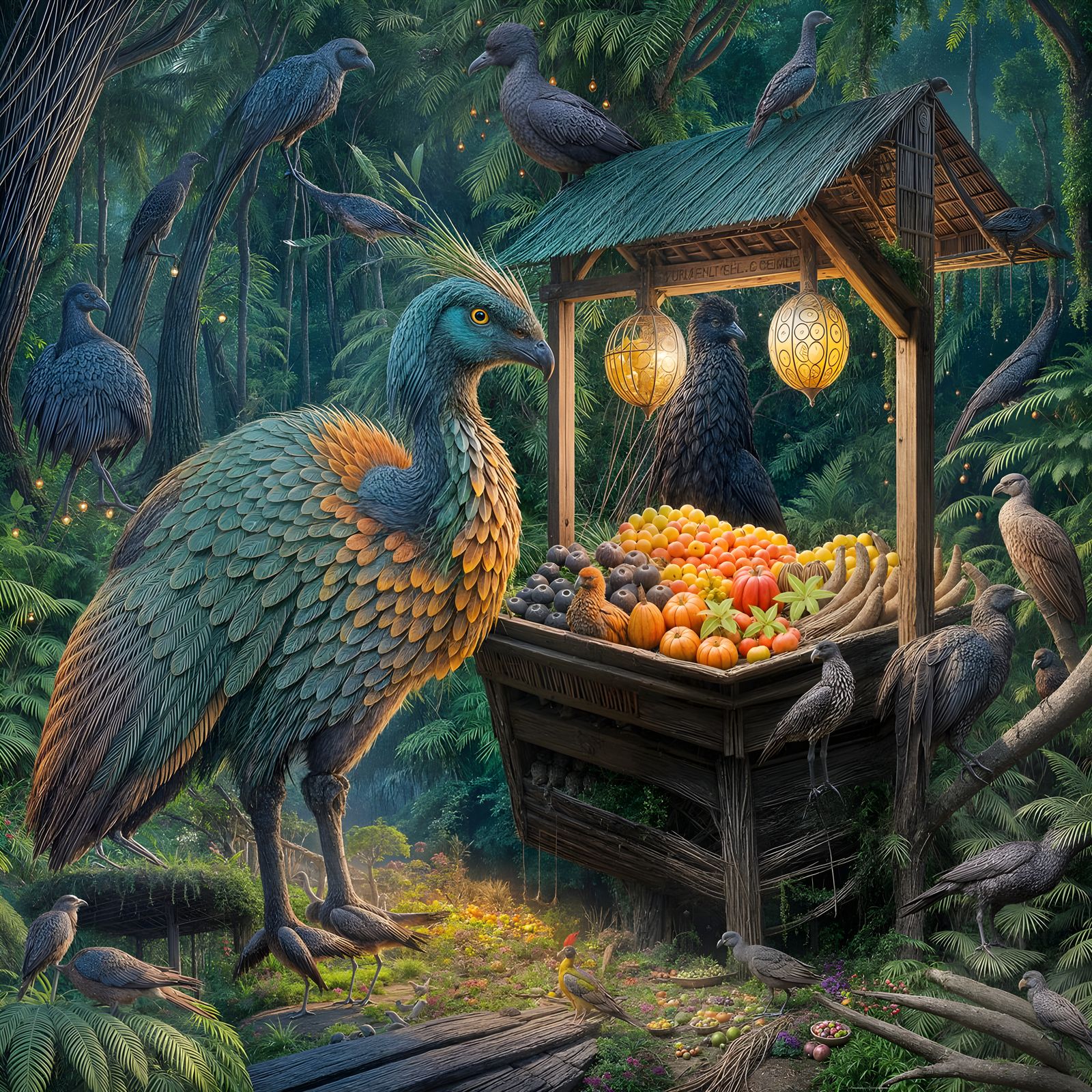 Moa Bird Guards Exotic Fruits in Dreamlike Prehistoric Lands...