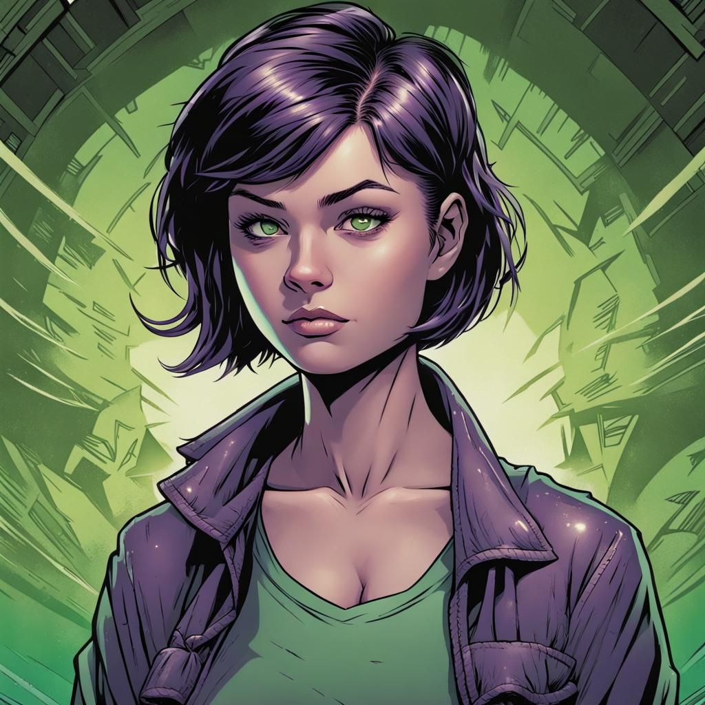 a 16 year old girl with short dark purple hair green shirt w...