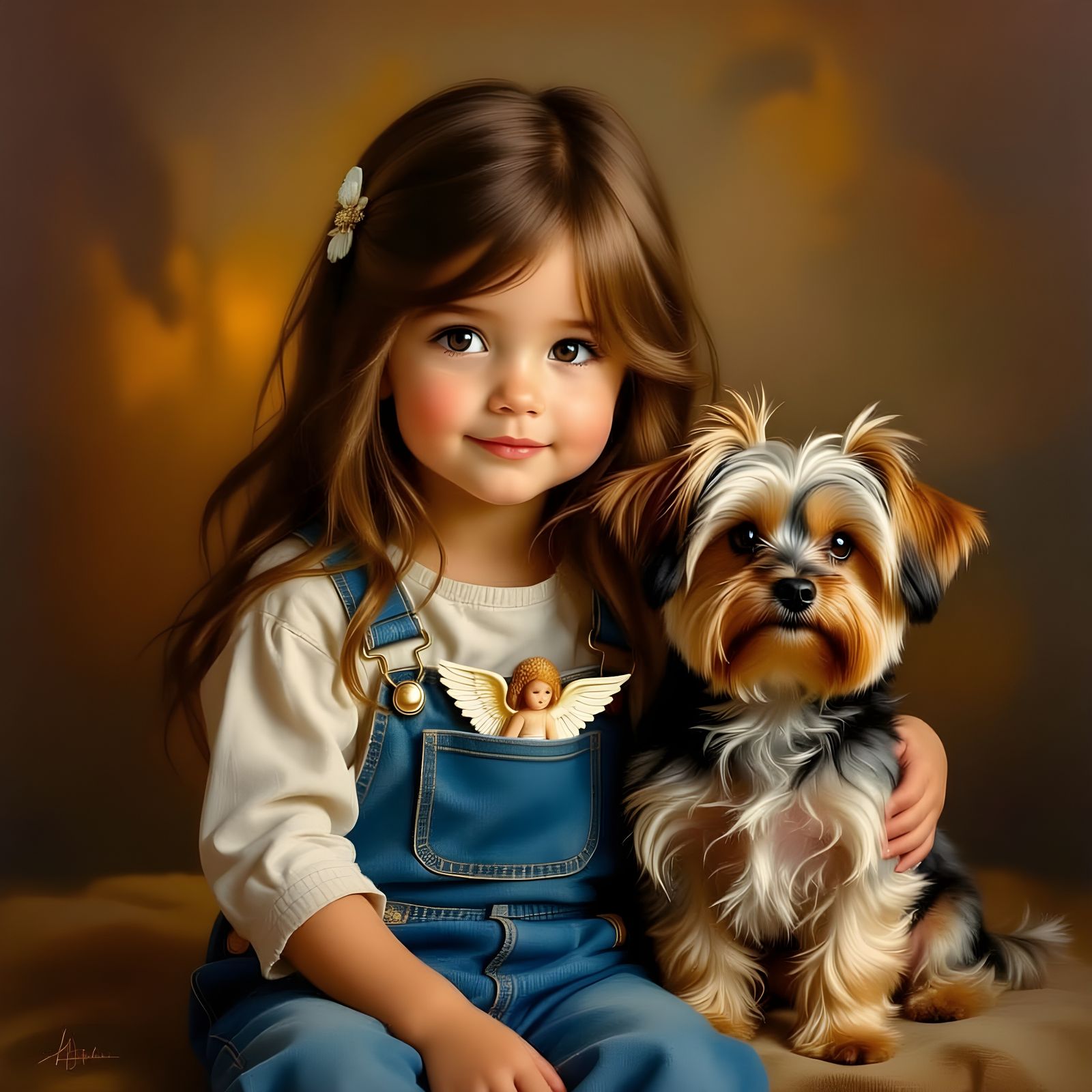 angel in my pocket. A little girl wearing overalls, an angel in her bib pocket. Girl has long brown hair ...  by @undefined