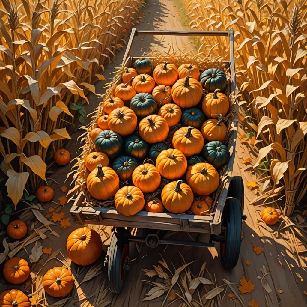 A bountiful harvest scene featuring a rustic wooden cart overflowing with ripe pumpkins, gourds, and corn stalks, set against a backdrop of ...
