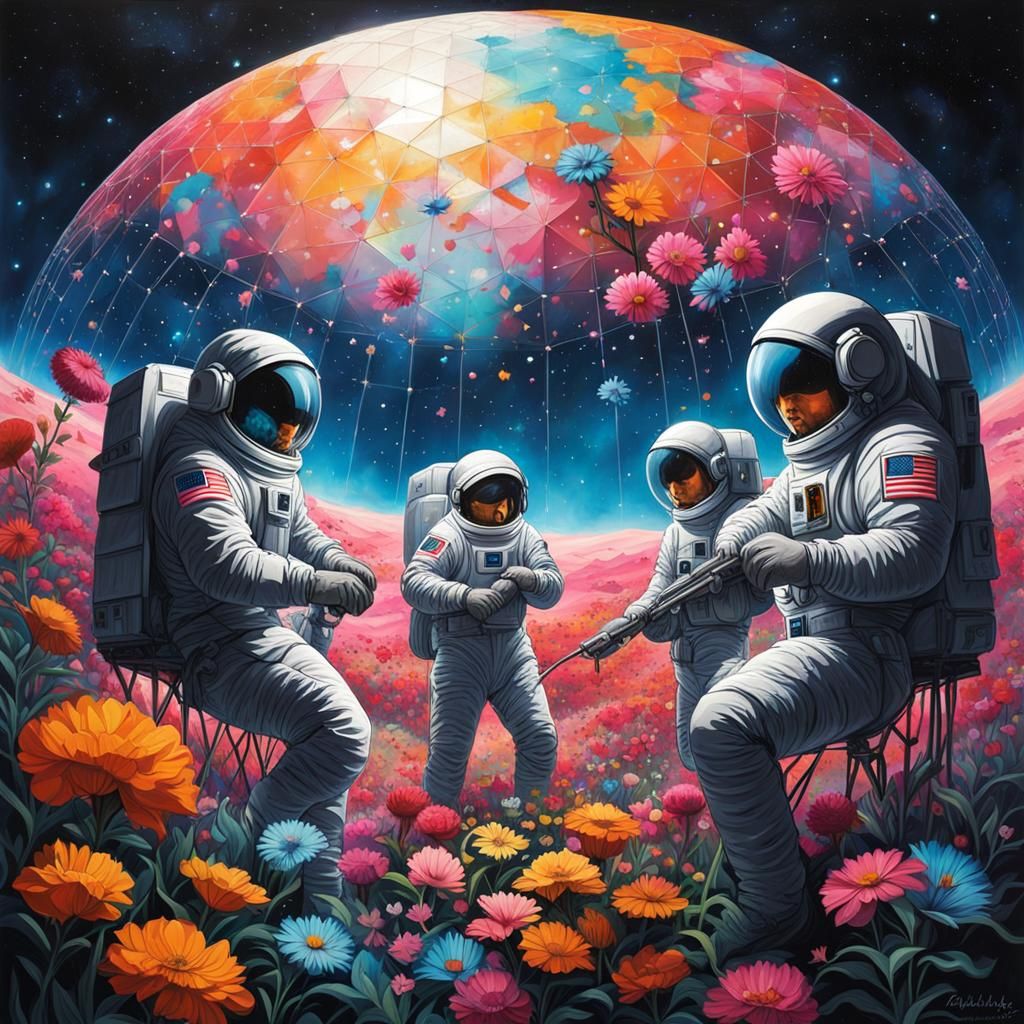 Three men in spacesuits tending to the flowers in a geodesic...