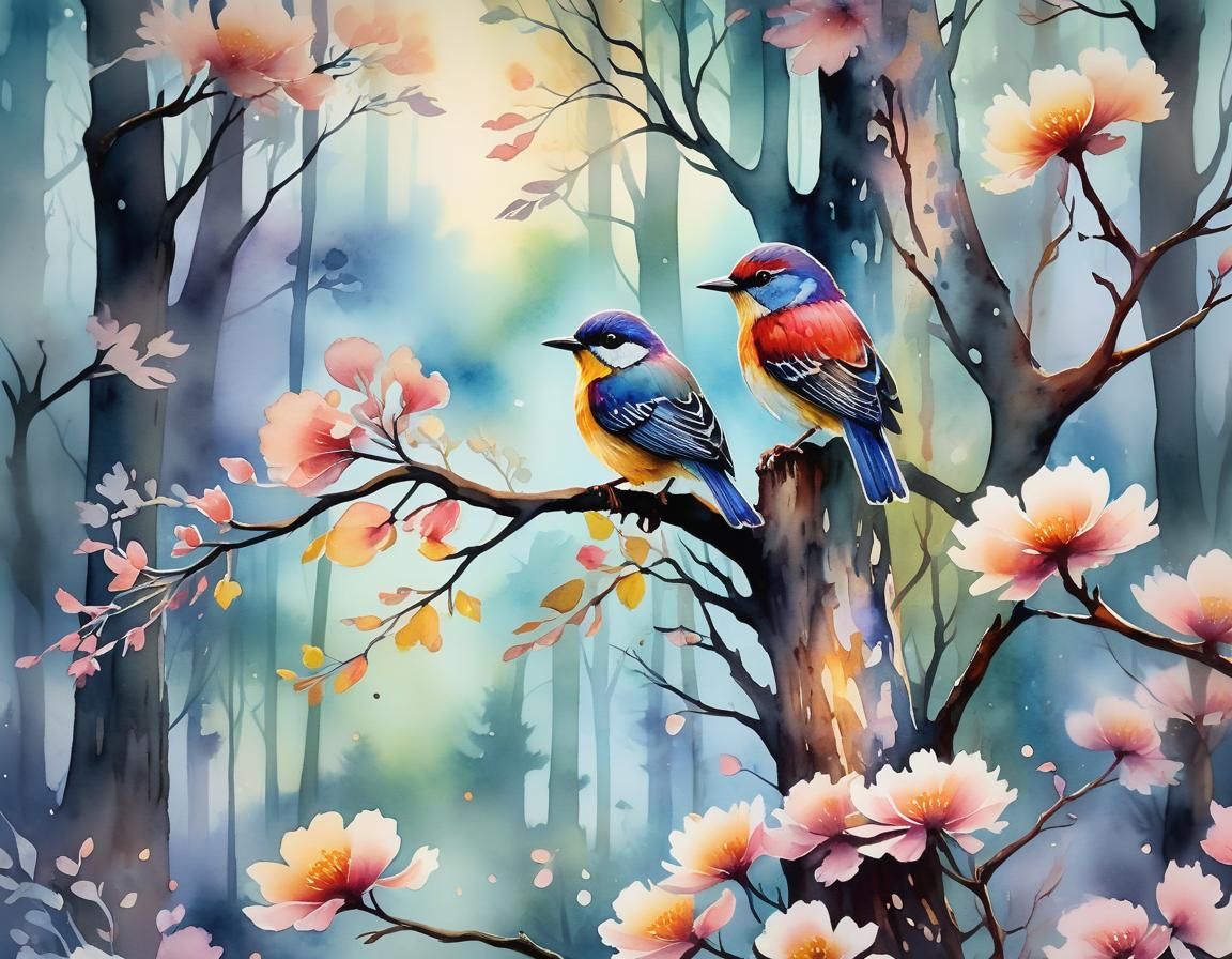 Dreamlike Forest Scene in Watercolor Art