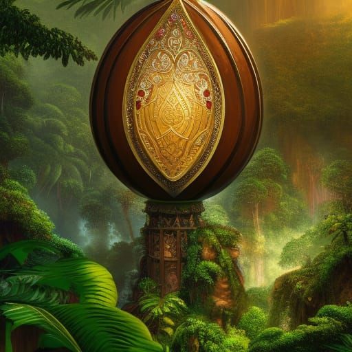Hyper-detailed faberge egg, with a rainforest background  by @Dorian