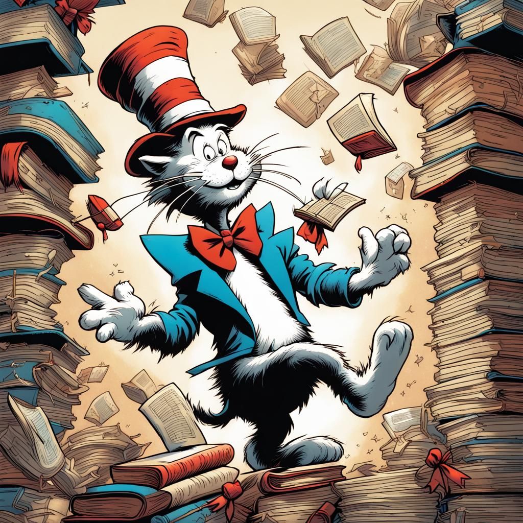 Dr Seuss' The Cat in the Hat juggling books AI Generated Artwork