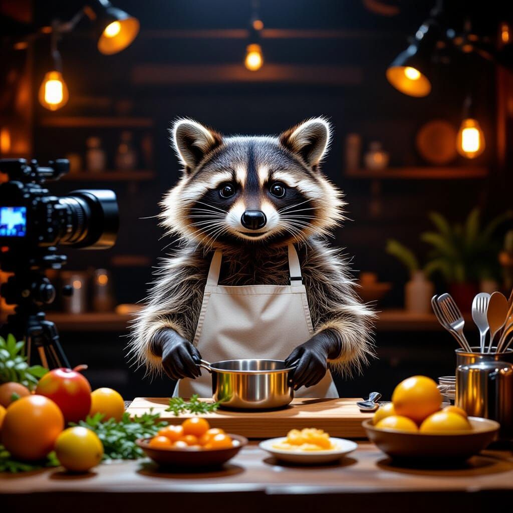 A mischievous raccoon, dressed in a stylish apron, hosts a late-night cooking show in a studio glowing with warm, dim lights. In front of hi...