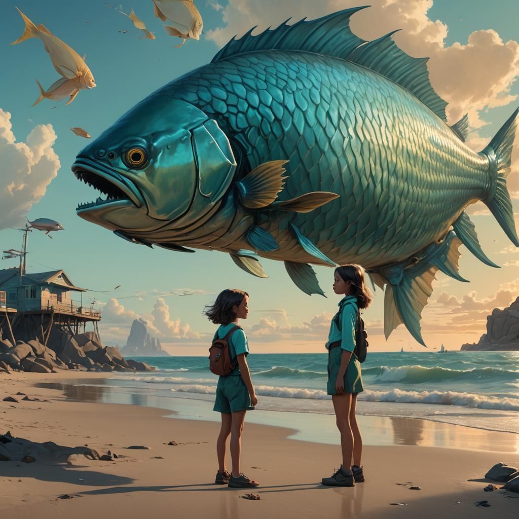 Girl on Beach with Giant Fish: Fantasy Concept Art