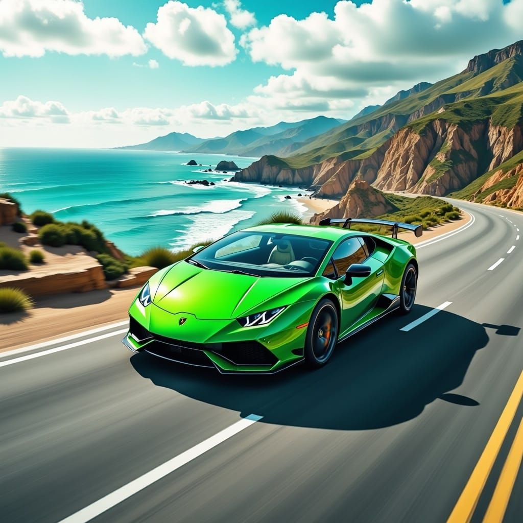<lora:GuacaMOle Flux:1.0> A green Lamborghini zooming down a cliffside road next to the ocean, motion blur