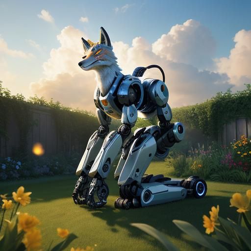 A robotic cyborg fox in a garden. Massive scale and unreal e...