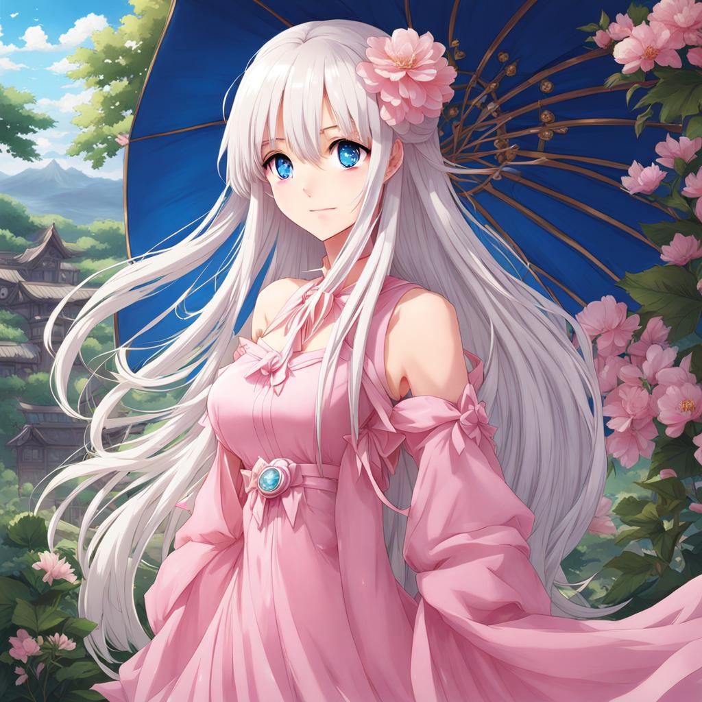 A girl has long and white hair, blue eyes, and wears a pink ...
