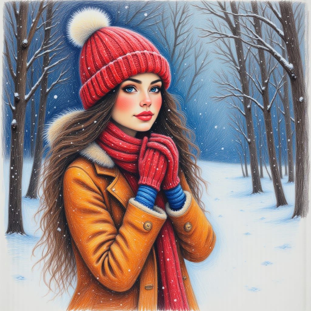 <lora:Art Crayon Drawing:1.0> A beautiful woman stands in a snowy setting. She wears a knitted hat with a pom-pom and bow, a coat with fur t...