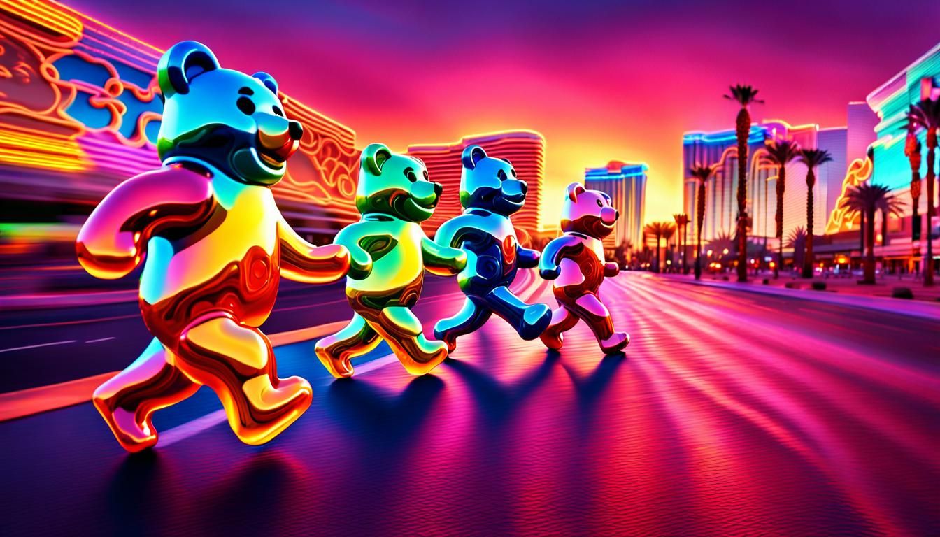 Neon Gummy Bears Running through Las Vegas