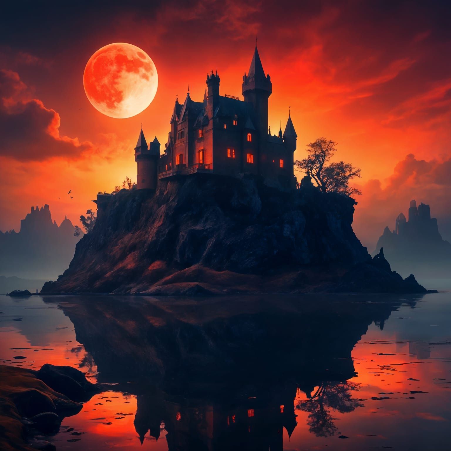 Floating Island Castle Under Blood Red Moon