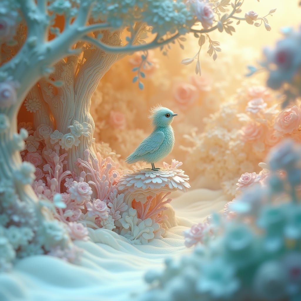 up-close, whimsical, pastel foloured, dreamscape filigree pop-up book  by @DW