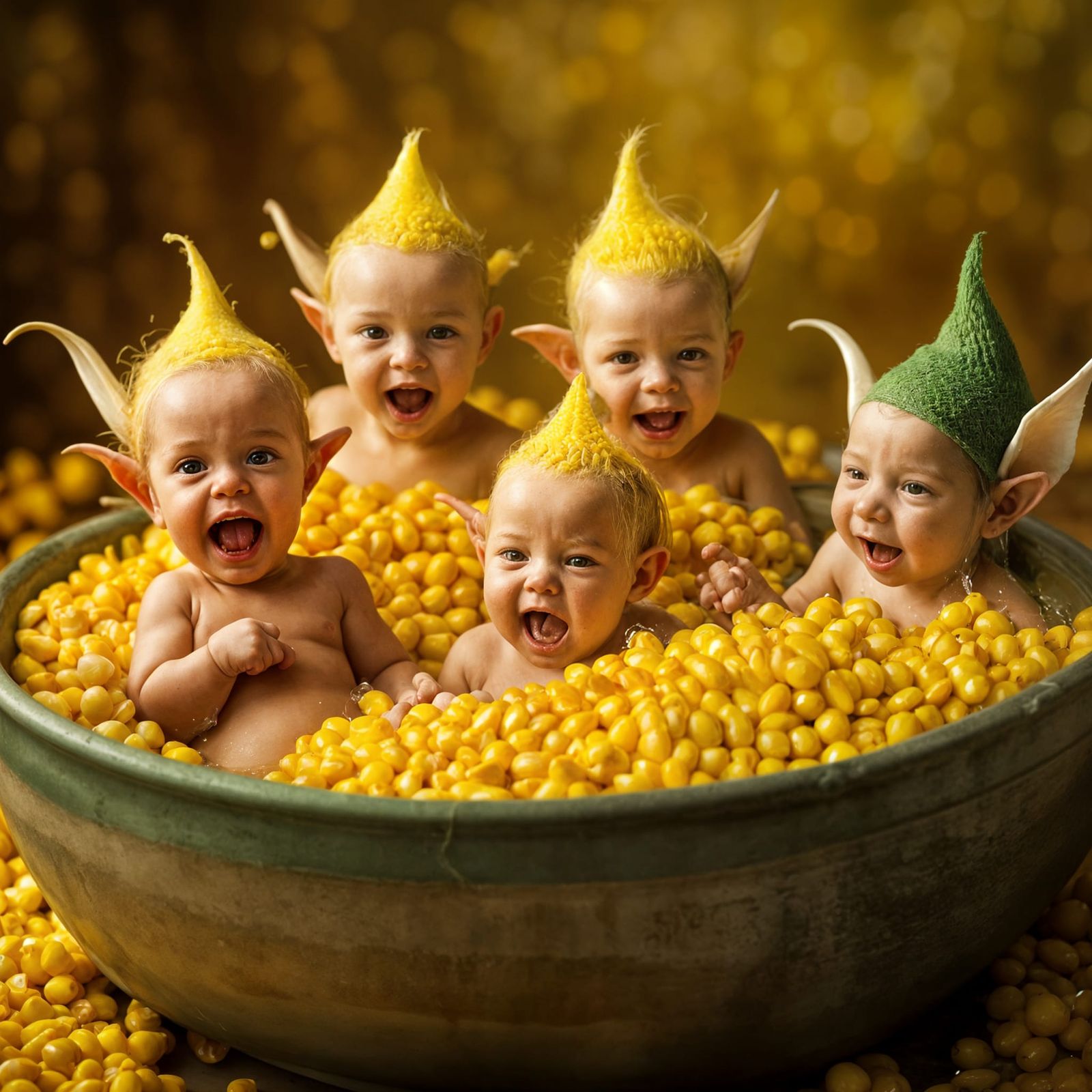 Newborn Goblins Splashing around in a Tub of Creamed Corn