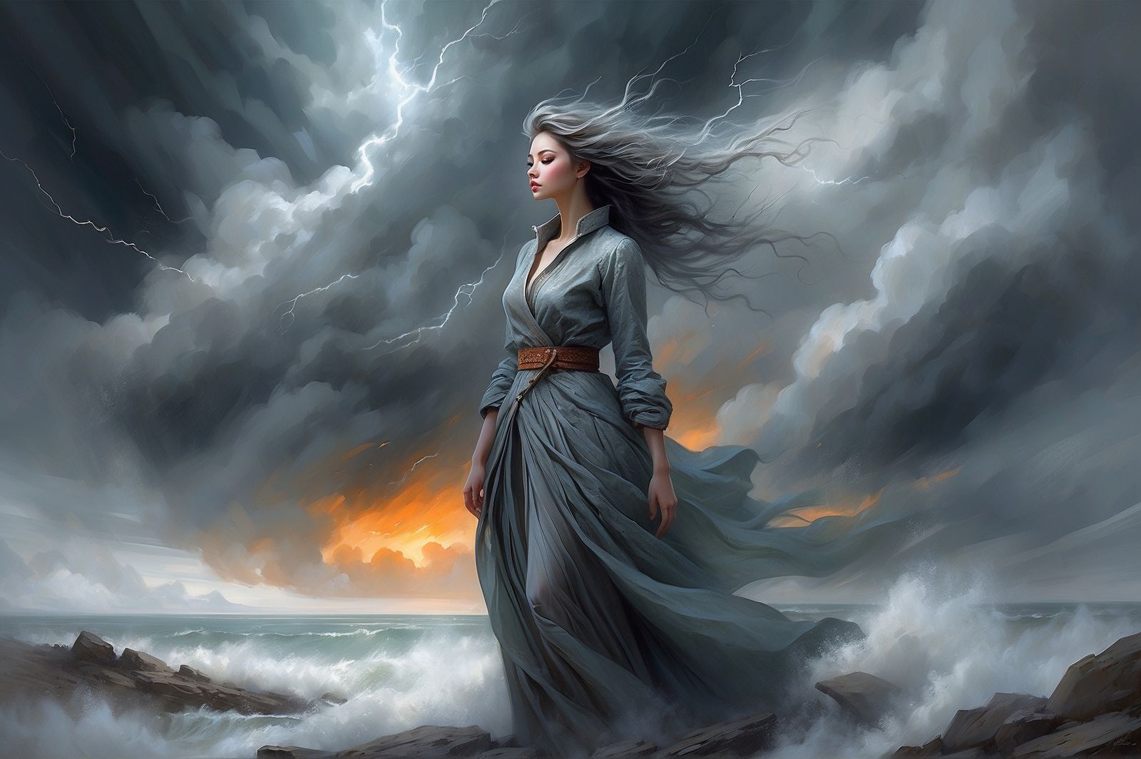 Lone Woman in Stormy Landscape