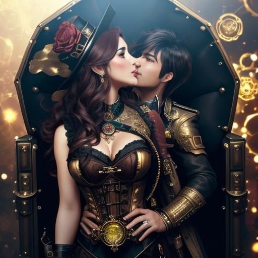 a steampunk man dressed in a golden outfit decorated with ro...