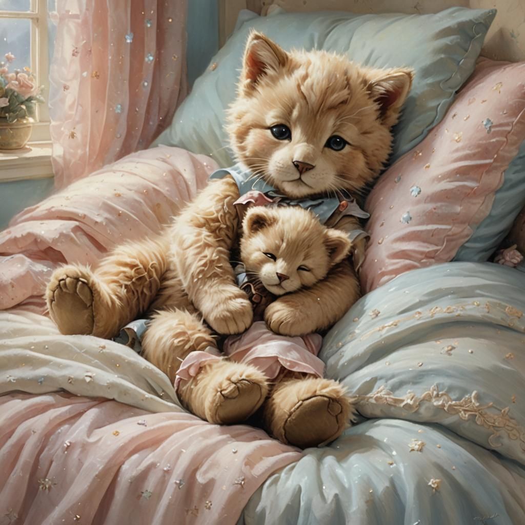 cute kitten sleeping in a cute teddy bear's lap in a baby bl...