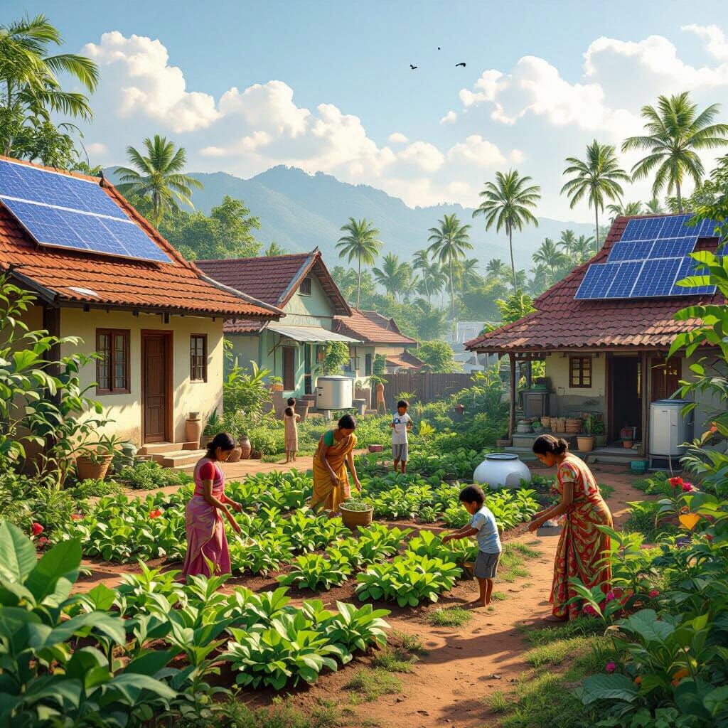 Can you generate a village setting with sri lankan middle class households with green initiatives such as homegardening patches, biogas and ...