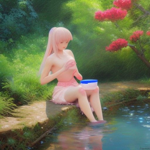 Anime girl washing in stream with flowers