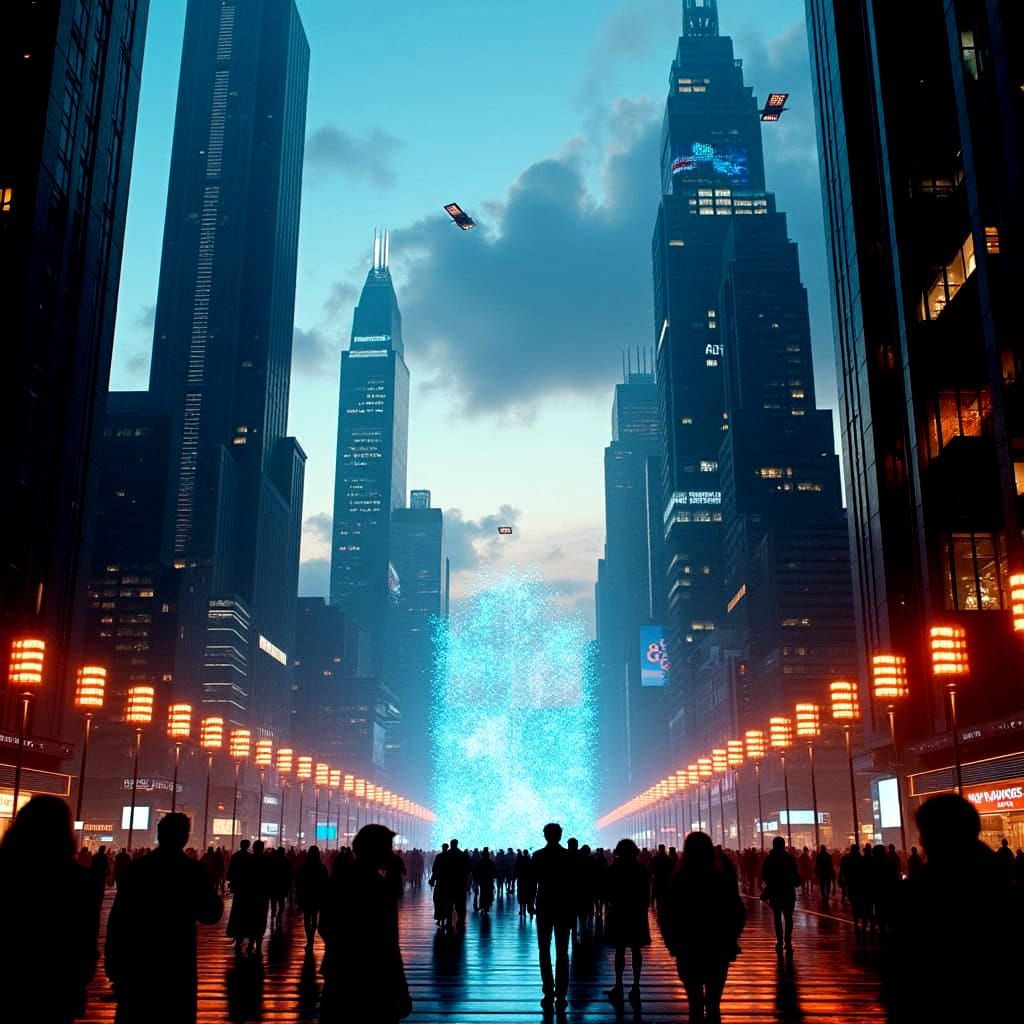 A futuristic cityscape with advanced technology and AI elements integrated into daily life, depicting a blend of sleek skyscrapers, flying v...