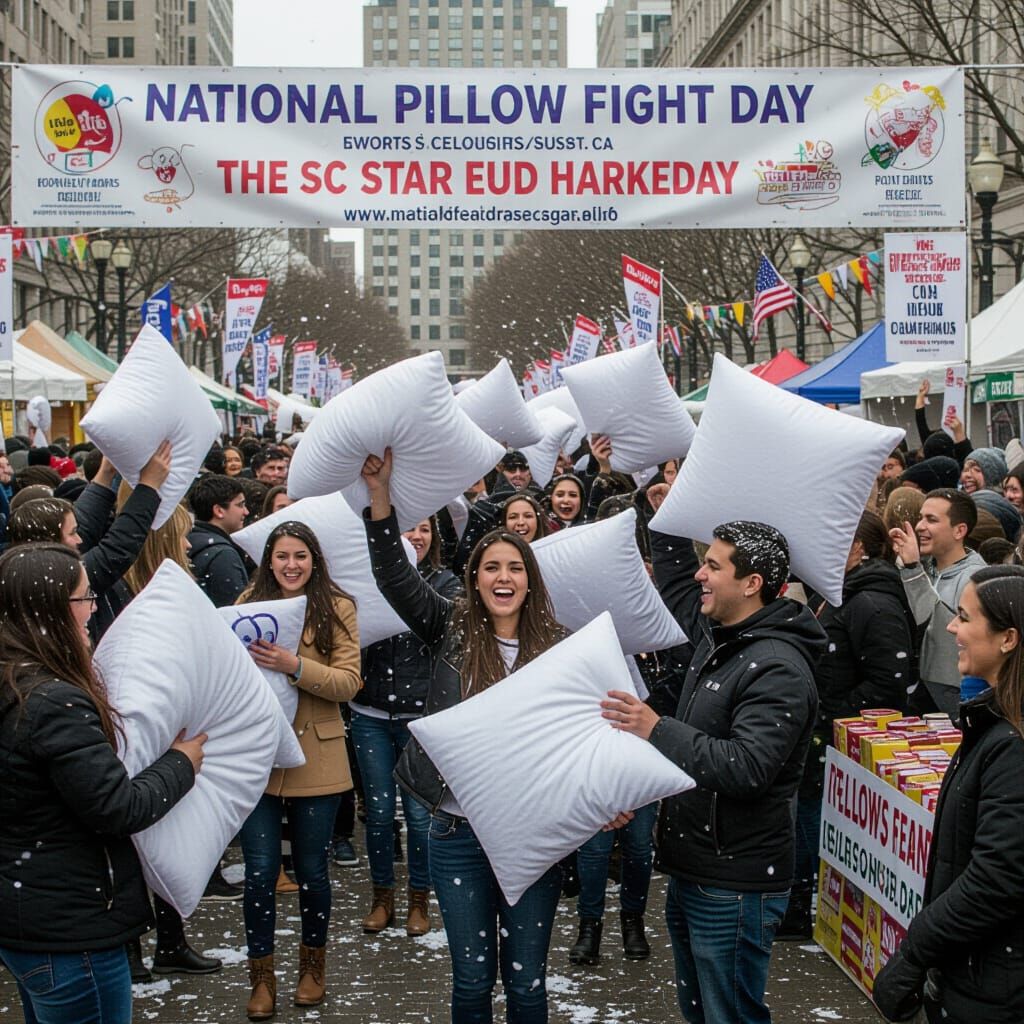 “National Pillow Fight Day”
Thousands gathered in a city square, feathers flying everywhere like snow, ...  by @SteveS