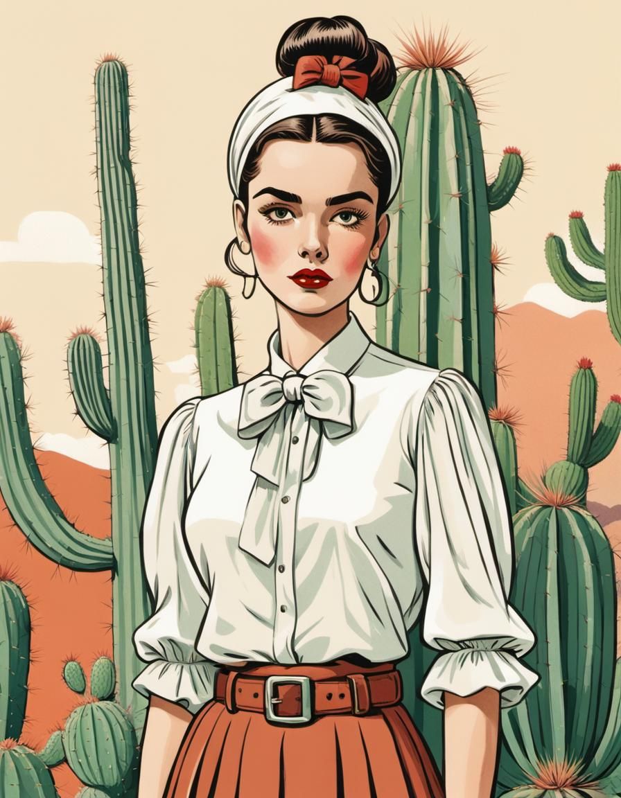 "vintage-inspired illustration of a stylish woman standing n...