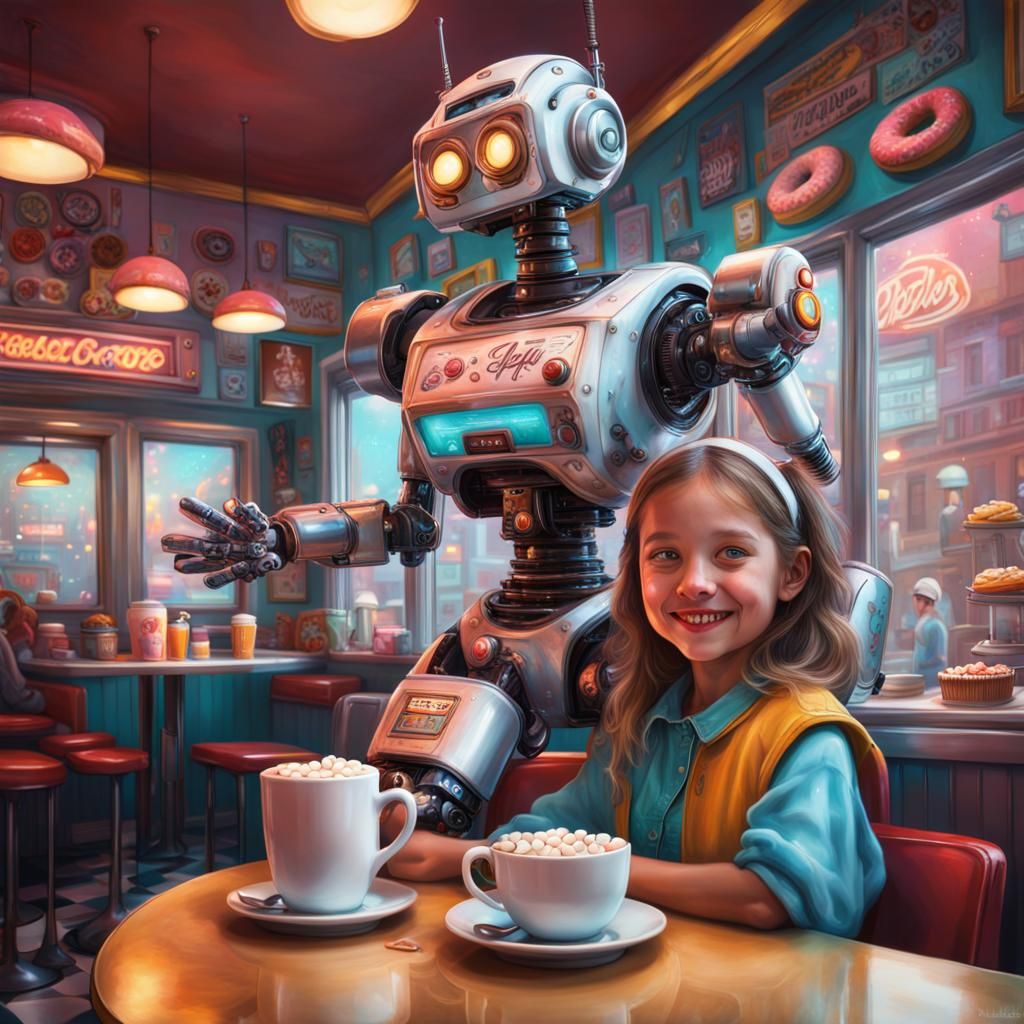 An intricate intelligent robotic robot serving hot chocolate with marshmallows and donuts to a