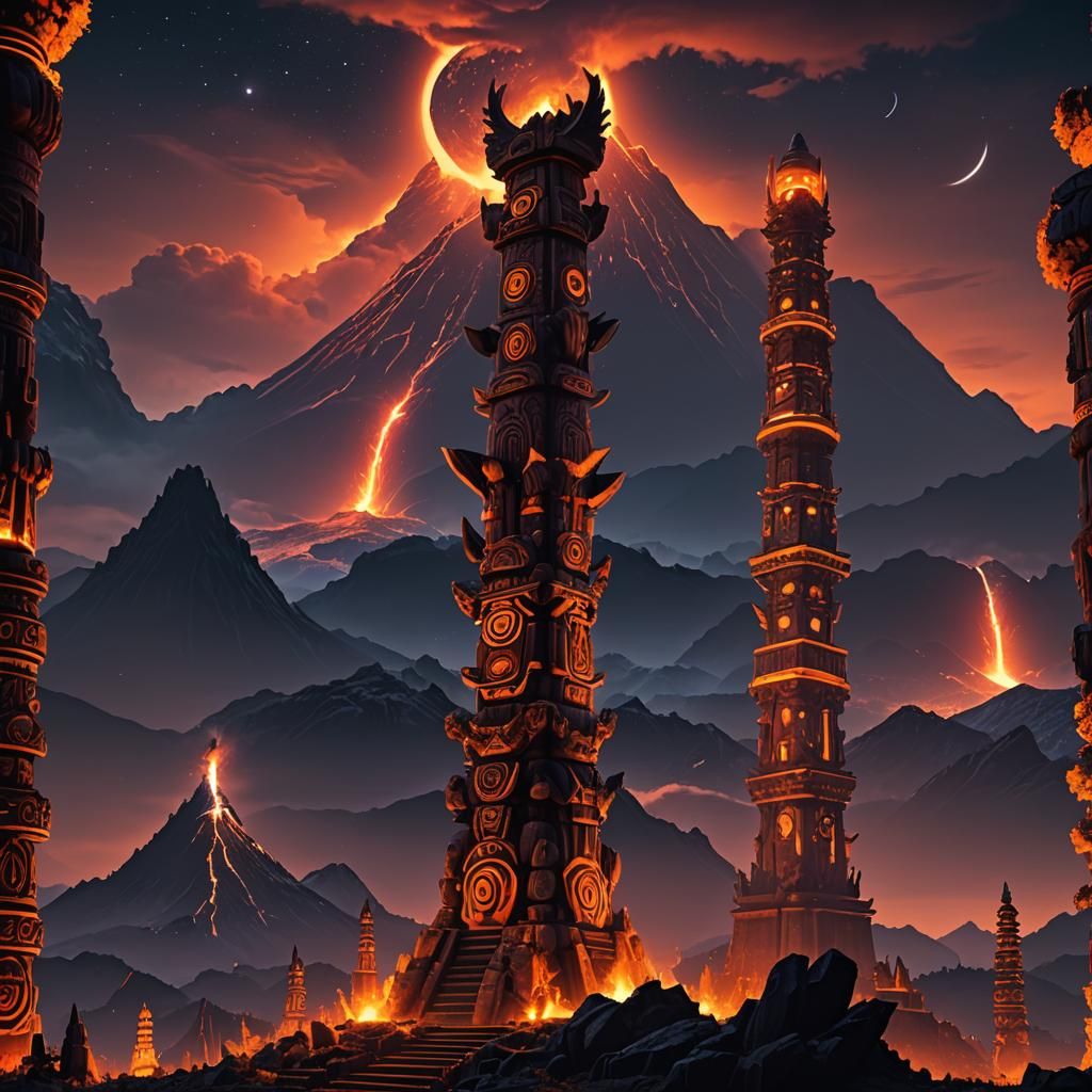 huge glow orange totem pole at night, super detailed, volcan...