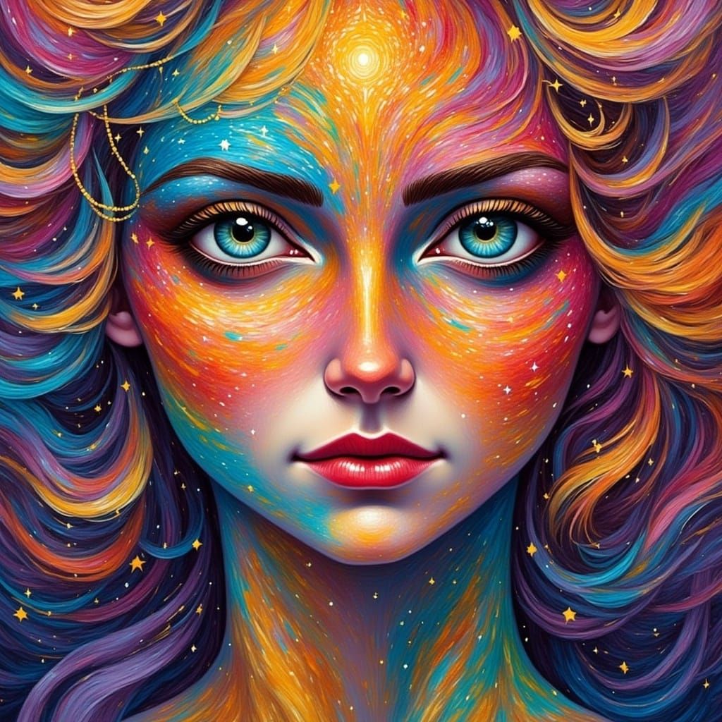 a painting of a woman with a colorful face and a colorful dress, a detailed painting by Tomek Setowski, trending on cg society, psychedelic...