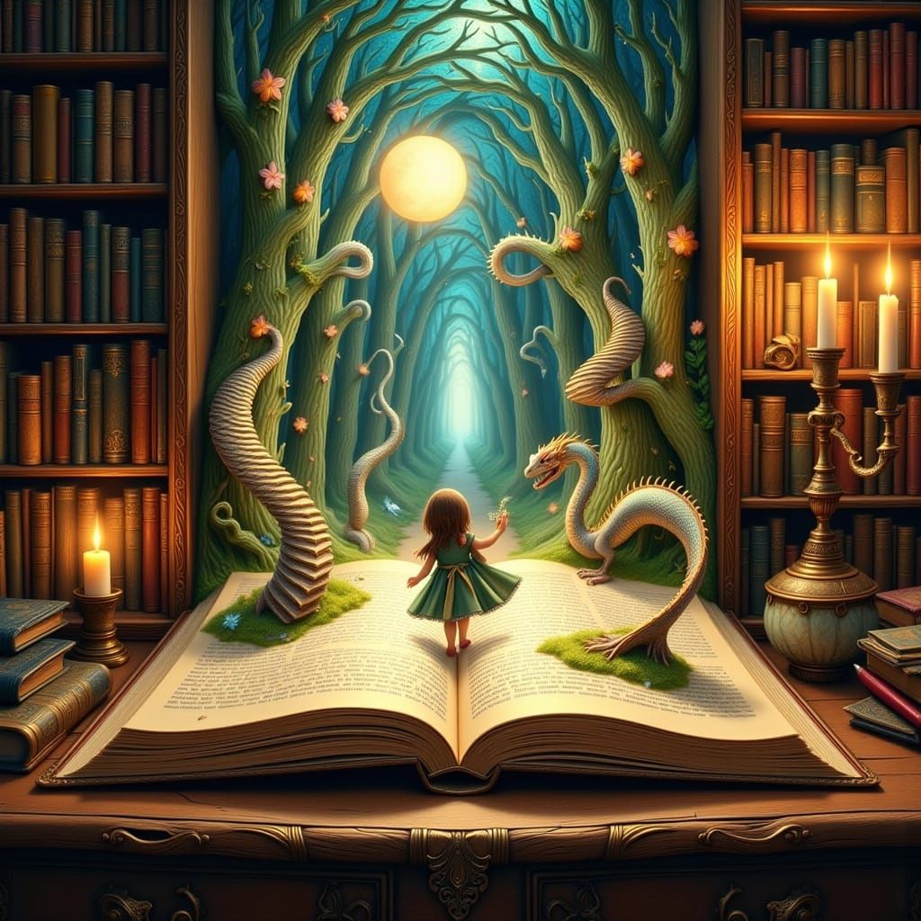 Whimsical Storybook Scene with Mystical Forest and Dragon