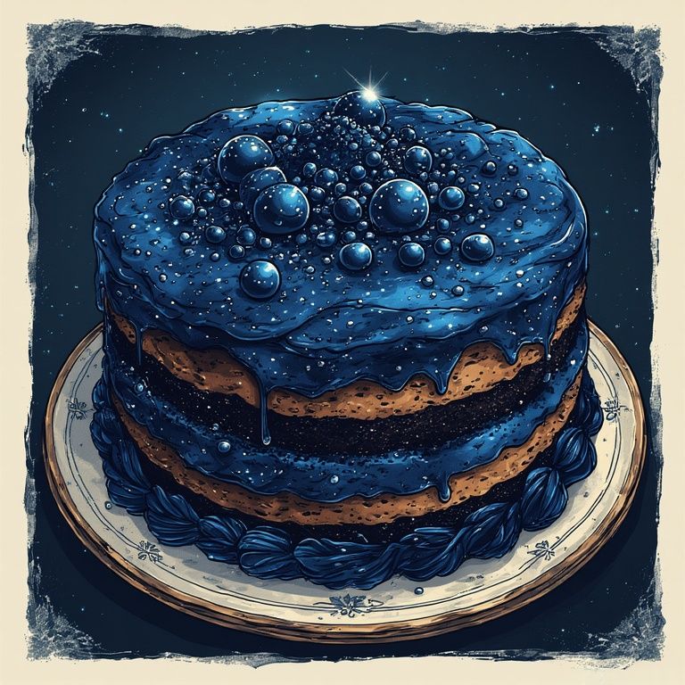 luxurious fantasy cake on a vintage plate, dark midnight-blu...