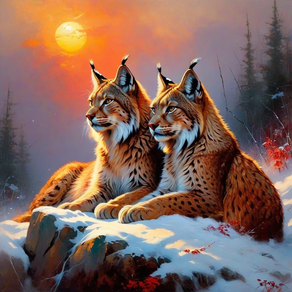 Two Lynx's sitting in a blizzard #2