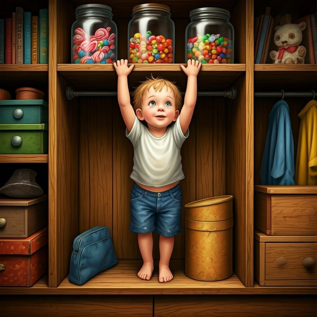 Mischievous Boy Strains to Reach Candy Jar in Cluttered Clos...