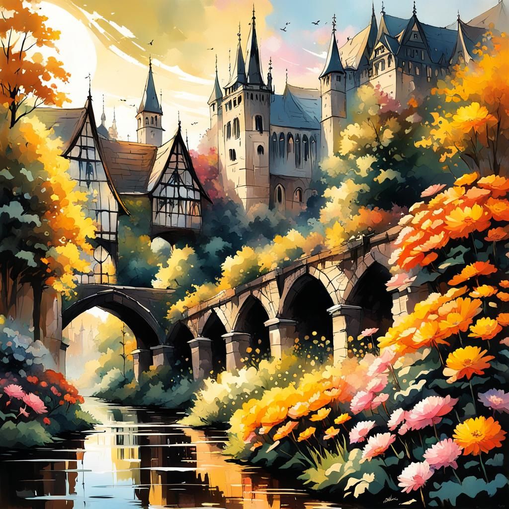 High Gothic, Cottagecore Bavarian stone style tudor styled dense walled/fortified crowded City next to ...  by @HarrietM