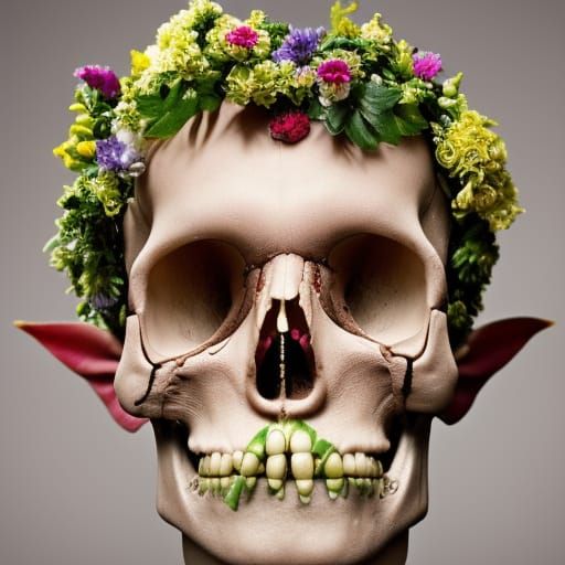 The skull of an elf full of flowers