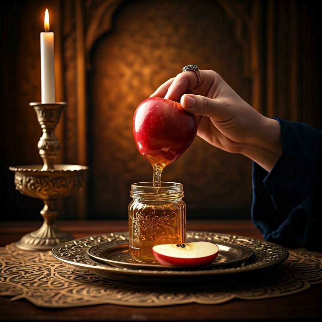 Crimson Apple Dipped in Honey in Opulent Setting